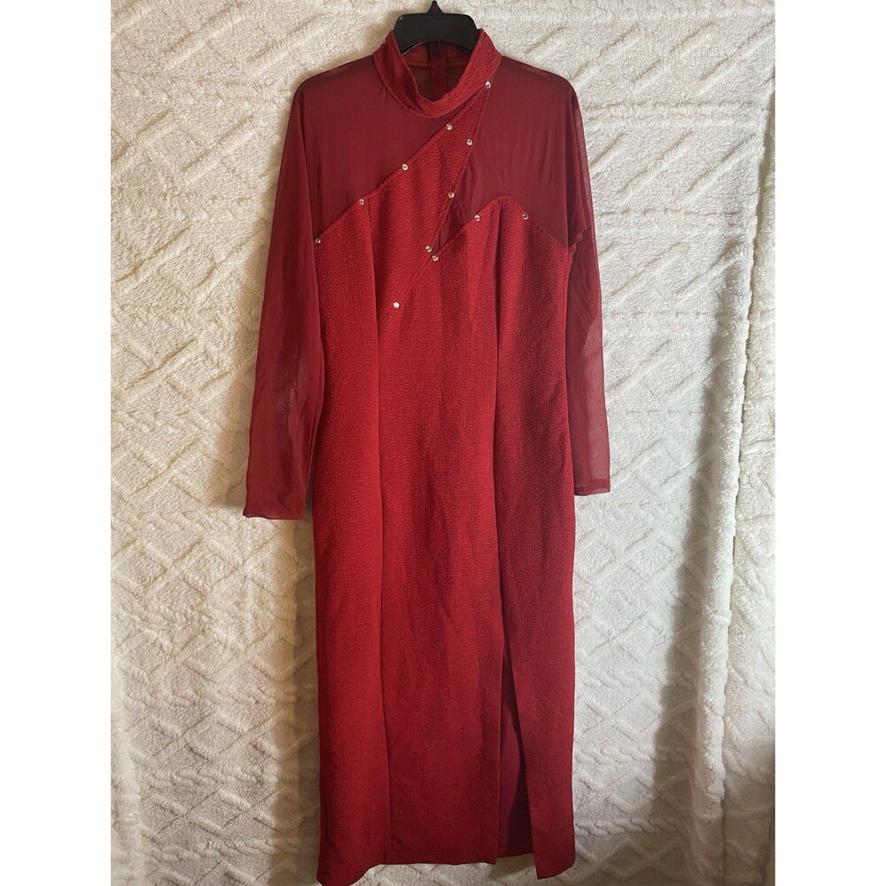 Vintage 90s Red High Neck Evening Gown Sheer Rhinestone Maxi Dress Medium READ